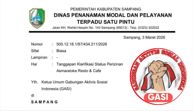 Surat DPMPTSP Kabupaten Sampang tentang tanggapan klarifikasi status perizinan Asmaraloka Resto dan Cafe Camplong kepada organisasi GASI