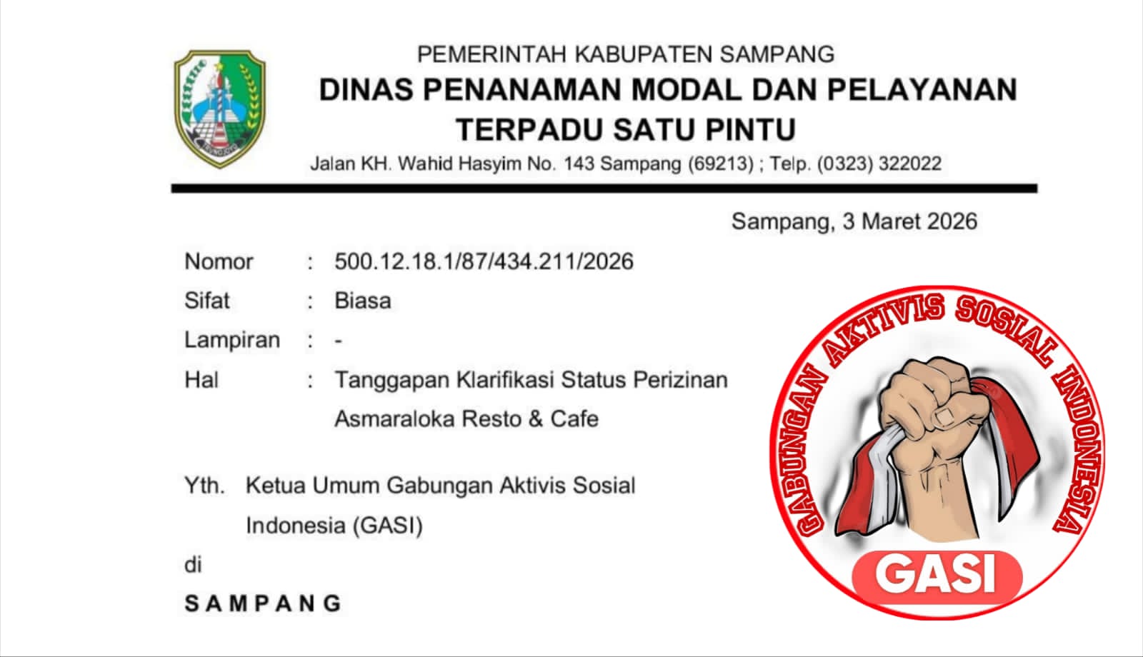 Surat DPMPTSP Kabupaten Sampang tentang tanggapan klarifikasi status perizinan Asmaraloka Resto dan Cafe Camplong kepada organisasi GASI