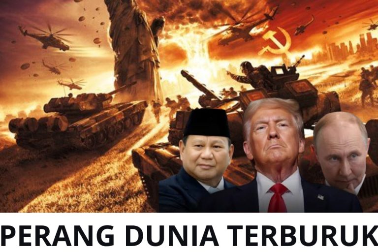 Ilustrasi ketegangan geopolitik global dengan simbol perang dan tiga pemimpin negara dunia