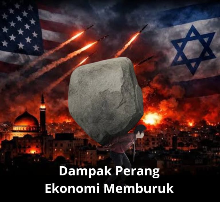Ilustrasi dampak konflik Iran dan Israel terhadap kondisi ekonomi global dengan latar serangan misil dan simbol bendera negara terkait.