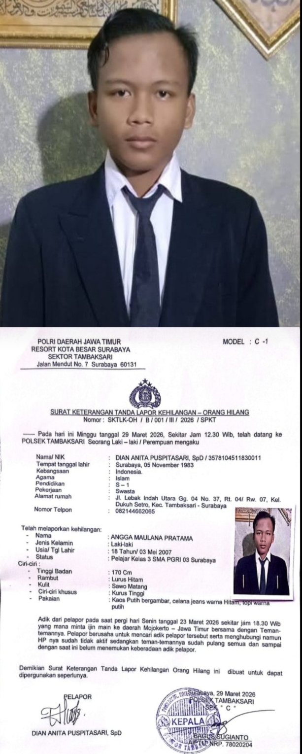 Foto dan surat laporan kehilangan Angga Maulana Pratama di Surabaya