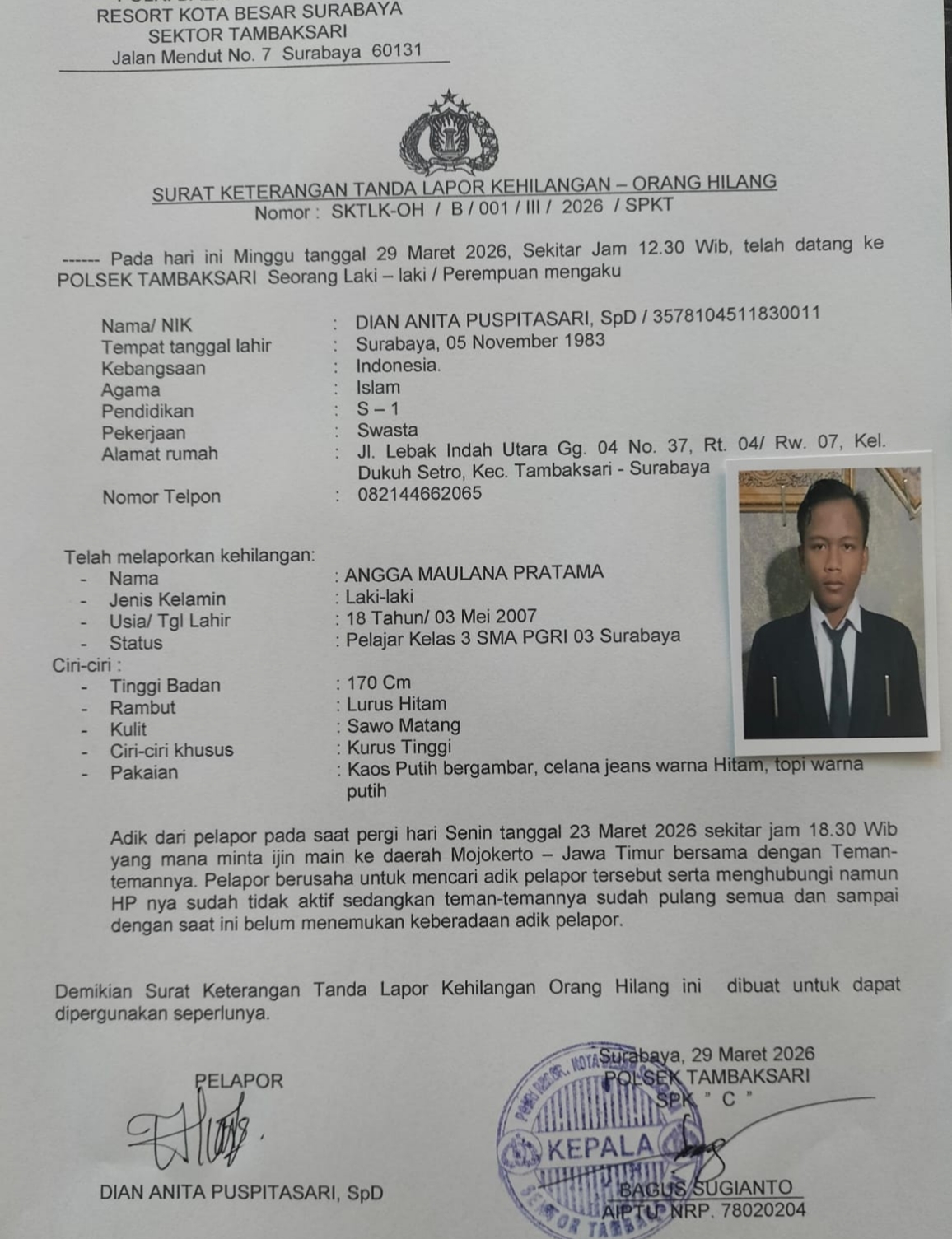 Pencarian remaja hilang Angga Maulana Pratama Surabaya