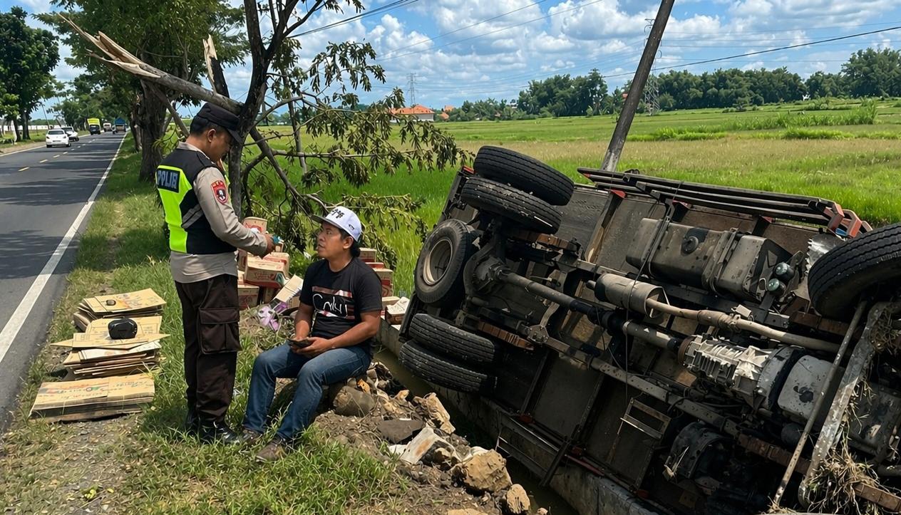 Truk masuk parit di Jrengik Sampang akibat kecelakaan tunggal