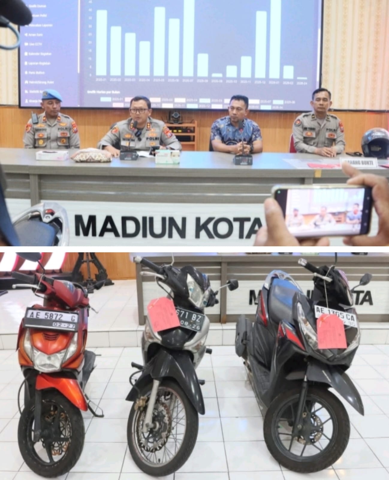 Polres Madiun Kota menunjukkan barang bukti sepeda motor hasil pengungkapan kasus curanmor di wilayah Kota Madiun