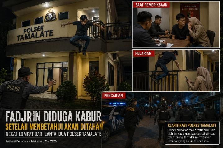 Ilustrasi pelarian Fajrin dari lantai dua Polsek Tamalate di Makassar