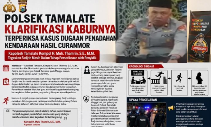 Infografis Polsek Tamalate berisi klarifikasi resmi terkait kaburnya Fadjrin saat pemeriksaan dugaan penadahan kendaraan hasil curanmor di Makassar