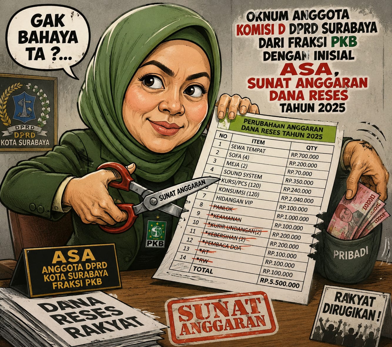 Ilustrasi dugaan penyunatan dana reses DPRD Kota Surabaya oleh oknum anggota Komisi D Fraksi PKB tahun 2025 yang menjadi sorotan publik.