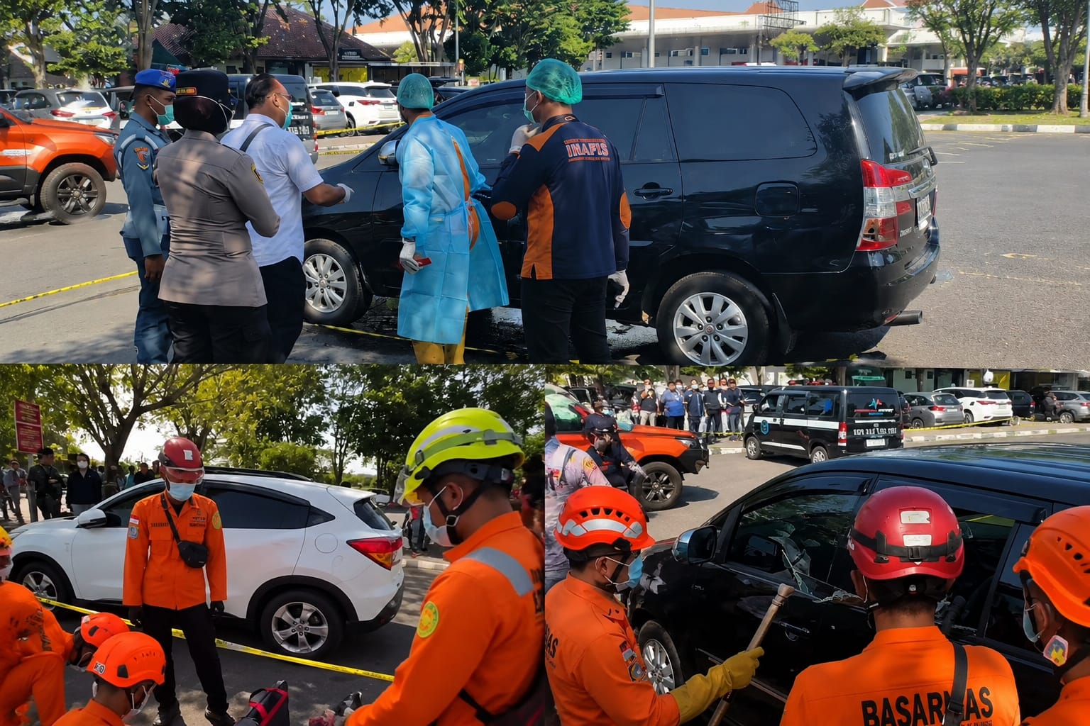 Petugas kepolisian dan tim Inafis melakukan olah TKP penemuan perempuan meninggal di dalam mobil dinas di area parkir Terminal 1 Bandara Juanda Sidoarjo.