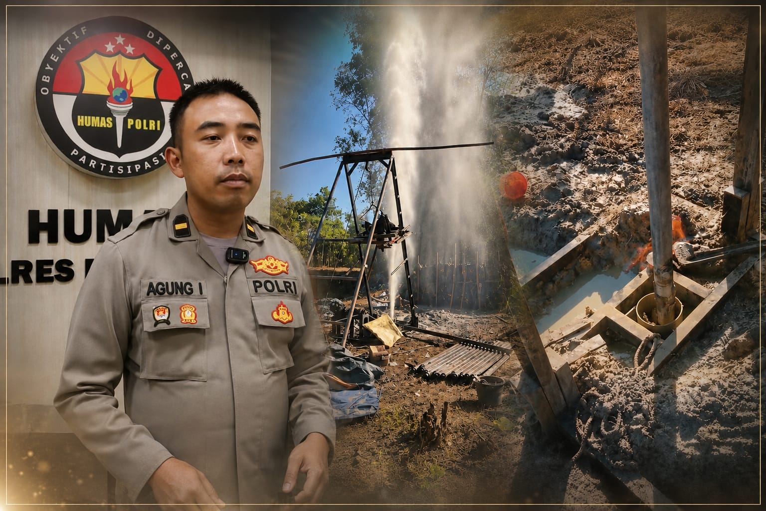 Semburan air bercampur gas muncul dari lokasi pengeboran sumur di Desa Serabi Timur, Kecamatan Modung, Kabupaten Bangkalan.