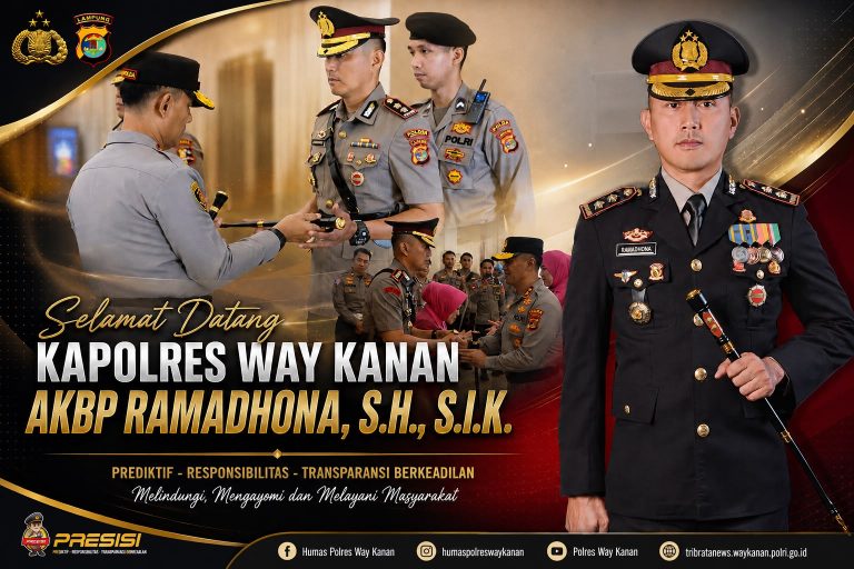 Prosesi serah terima tunggul kesatuan dan pisah sambut Kapolres Way Kanan di Mapolres Way Kanan.