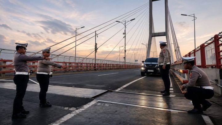 Perbaikan Jembatan Suramadu menyebabkan penyempitan lajur Surabaya menuju Madura