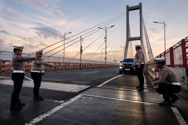 Perbaikan Jembatan Suramadu menyebabkan penyempitan lajur Surabaya menuju Madura
