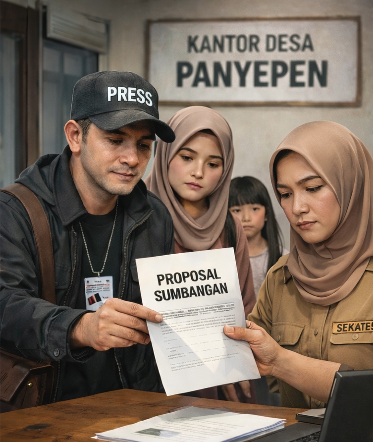 Ilustrasi sepasang orang mengaku wartawan membawa proposal sumbangan ke kantor desa pada malam hari