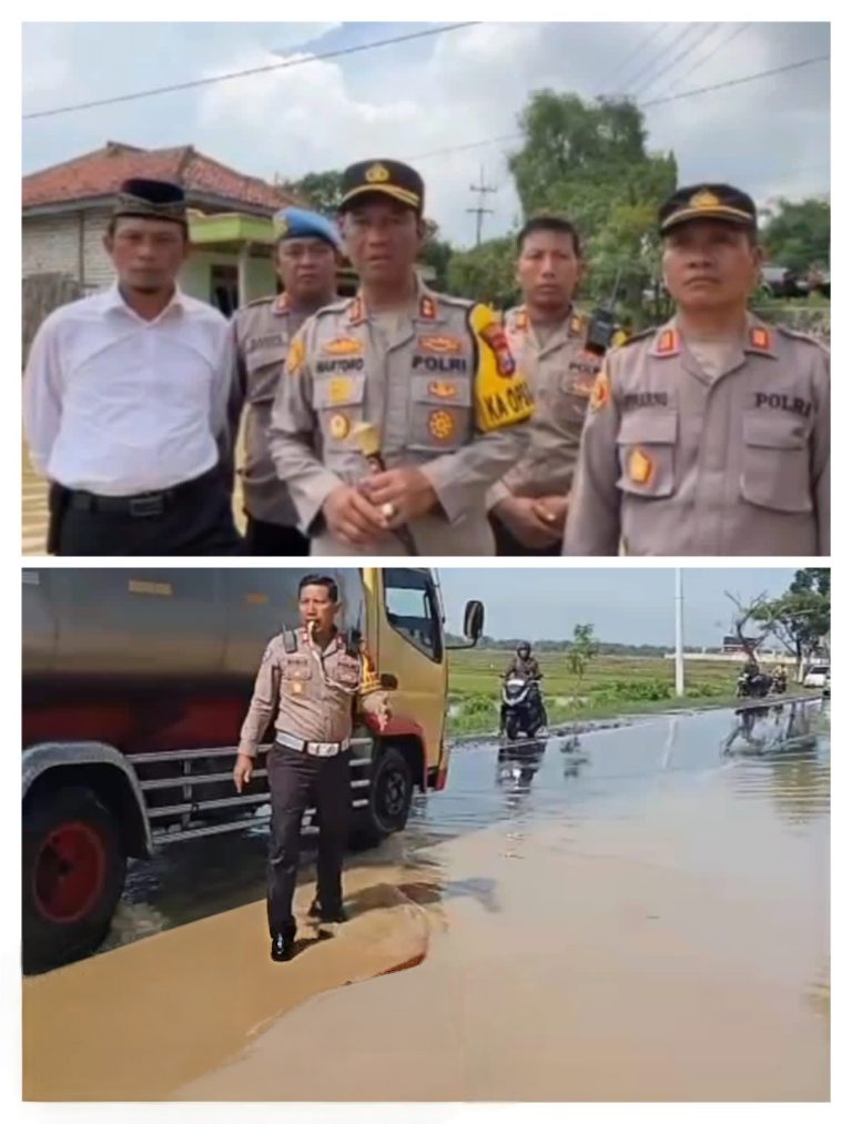 Kapolres Sampang dan personel Polres memantau banjir di Jalan Nasional Kecamatan Jrengik Kabupaten Sampang 2025