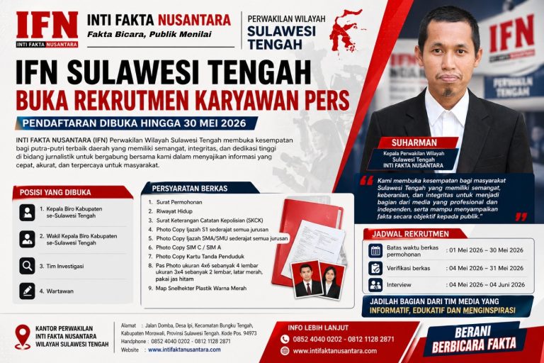 Suharman Kaperwil IFN Sulawesi Tengah pengumuman rekrutmen karyawan pers 2026