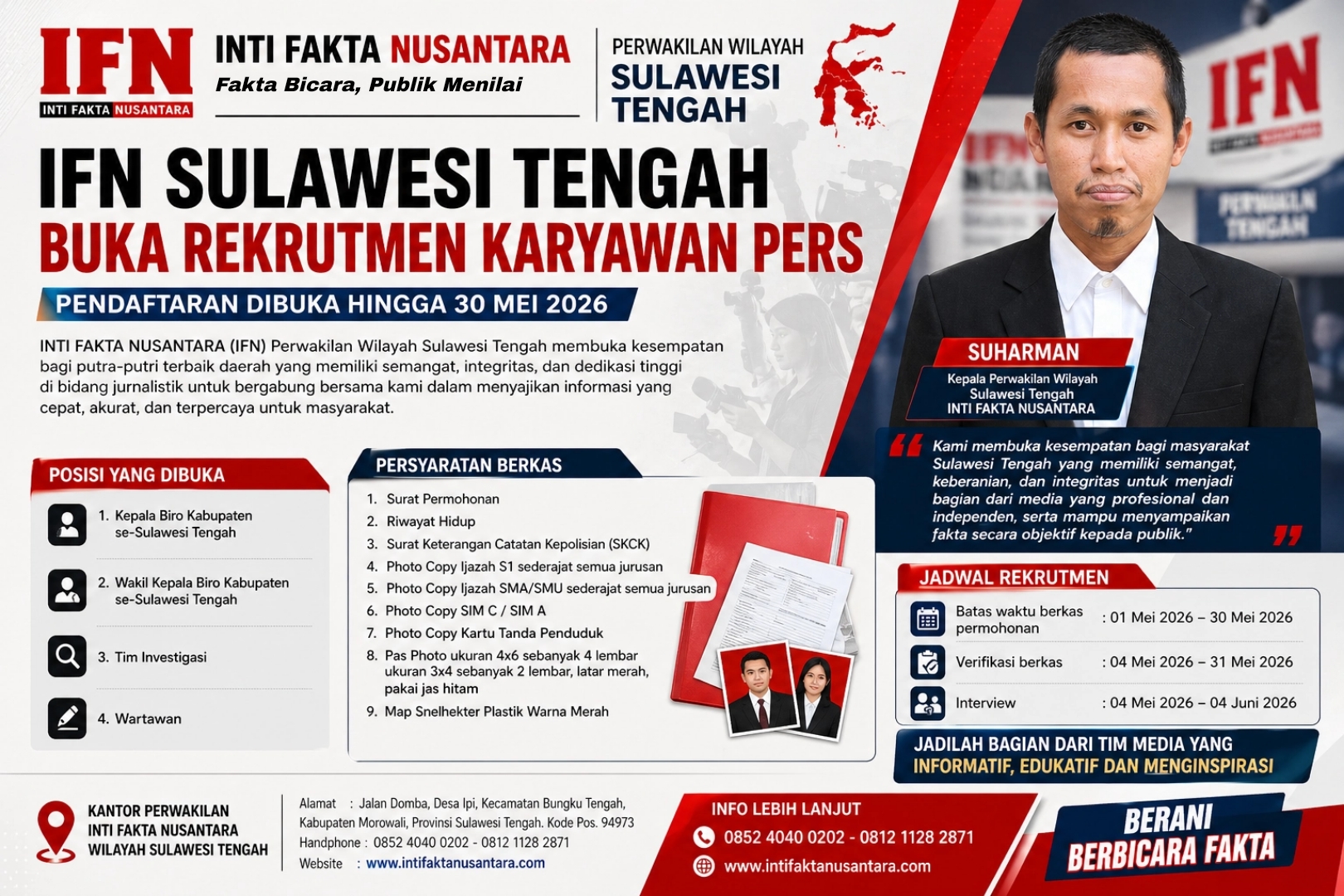 Suharman Kaperwil IFN Sulawesi Tengah pengumuman rekrutmen karyawan pers 2026