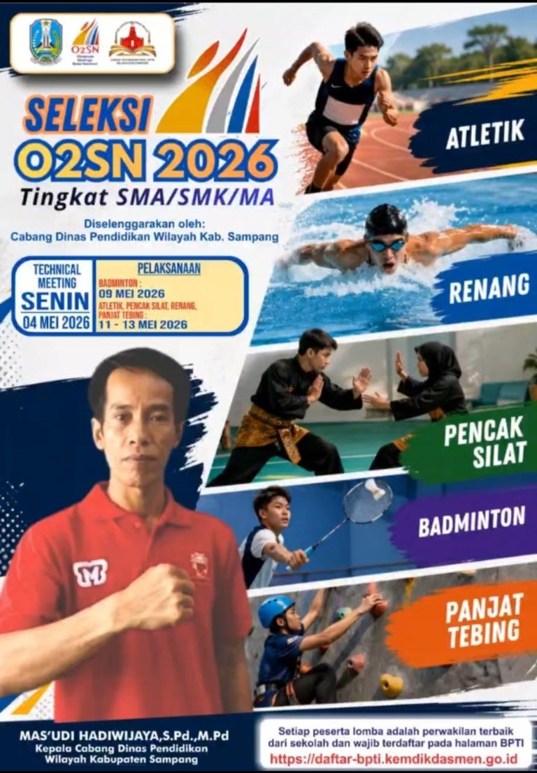Poster seleksi O2SN 2026 tingkat SMA SMK MA di Sampang menampilkan cabang olahraga pelajar