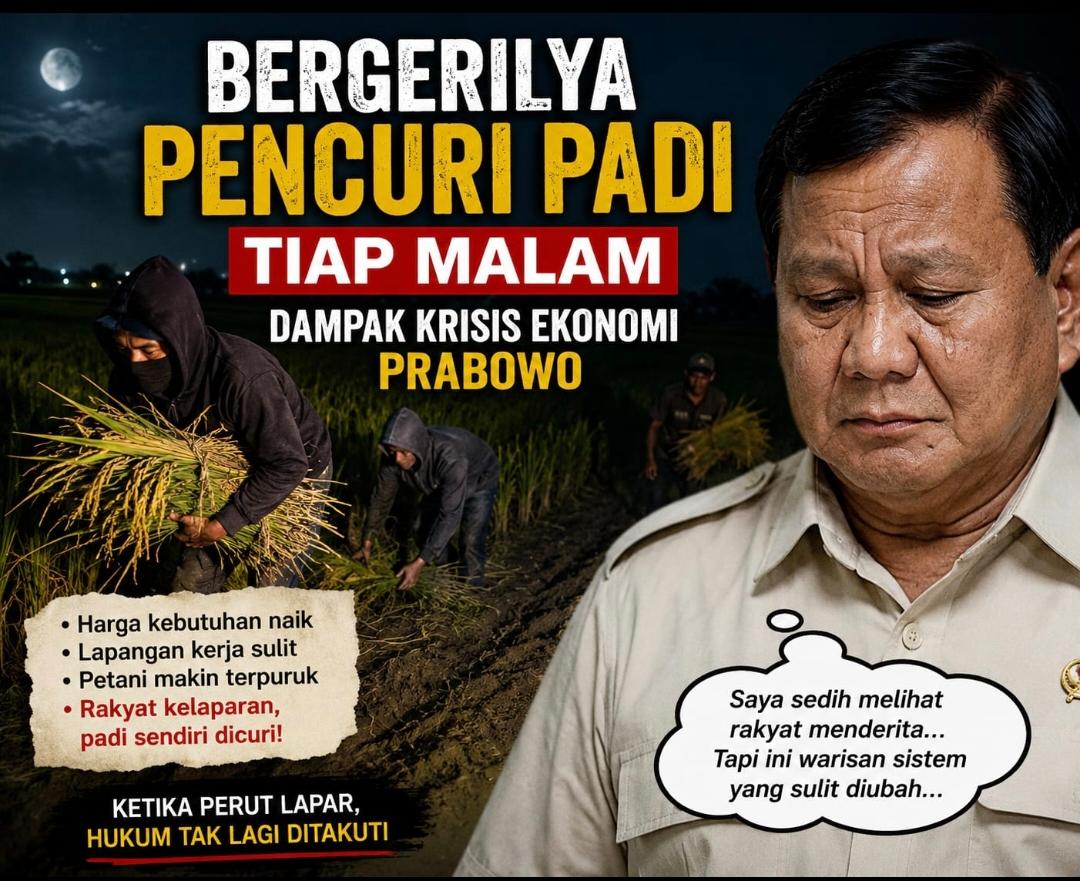 Poster ilustrasi yang menampilkan Prof Dr Sutan Nasomal SH MH menyoroti dampak tekanan ekonomi masyarakat, disertai ilustrasi pencurian padi pada malam hari di wilayah pertanian.