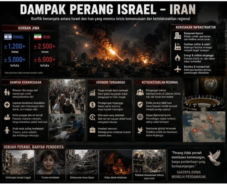 Infografis dampak konflik Iran dan Israel terhadap kemanusiaan, ekonomi global, stabilitas regional, dan keamanan internasional yang menjadi perhatian Prof Dr Sutan Nasomal SH MH.