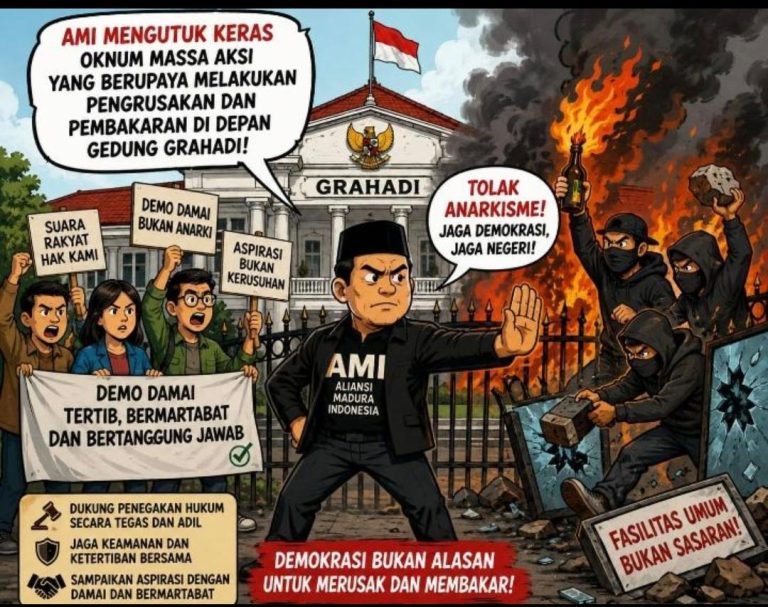 Ilustrasi suasana di depan Gedung Grahadi Surabaya pasca tindakan pengrusakan oleh oknum massa aksi yang dikecam keras oleh AMI.