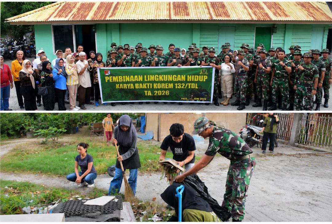 Prajurit Korem 132/Tadulako bersama warga masyarakat saling bahu-membahu membersihkan area sekitar Gedung Juang Palu dalam rangka karya bakti.