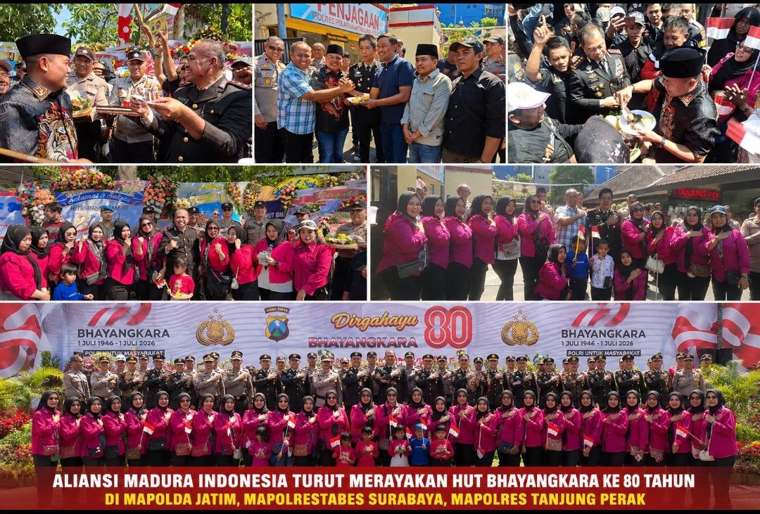 Ketua Umum AMI Baihaki Akbar bersama anggota memberikan kejutan Hari Bhayangkara ke-80 kepada jajaran Polda Jawa Timur.