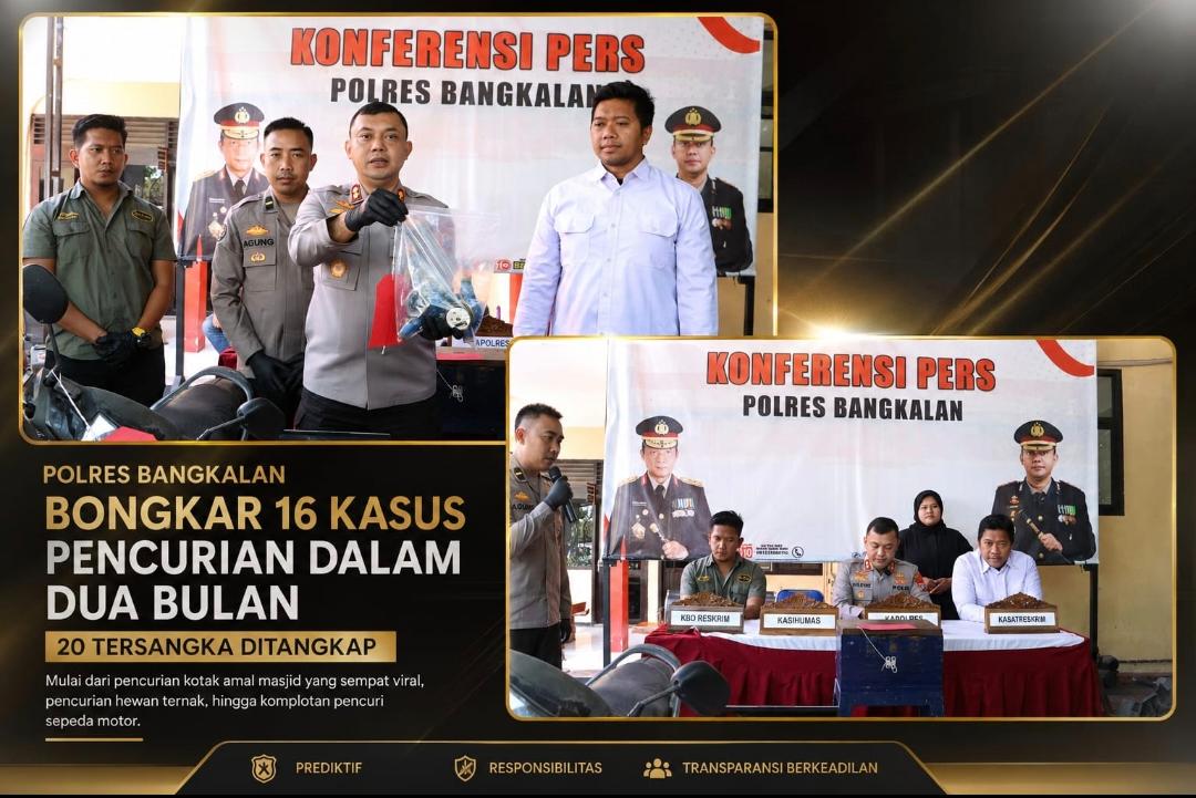 Kapolres Bangkalan AKBP Wibowo merilis pengungkapan 16 kasus pencurian dengan 20 tersangka di Mapolres Bangkalan.