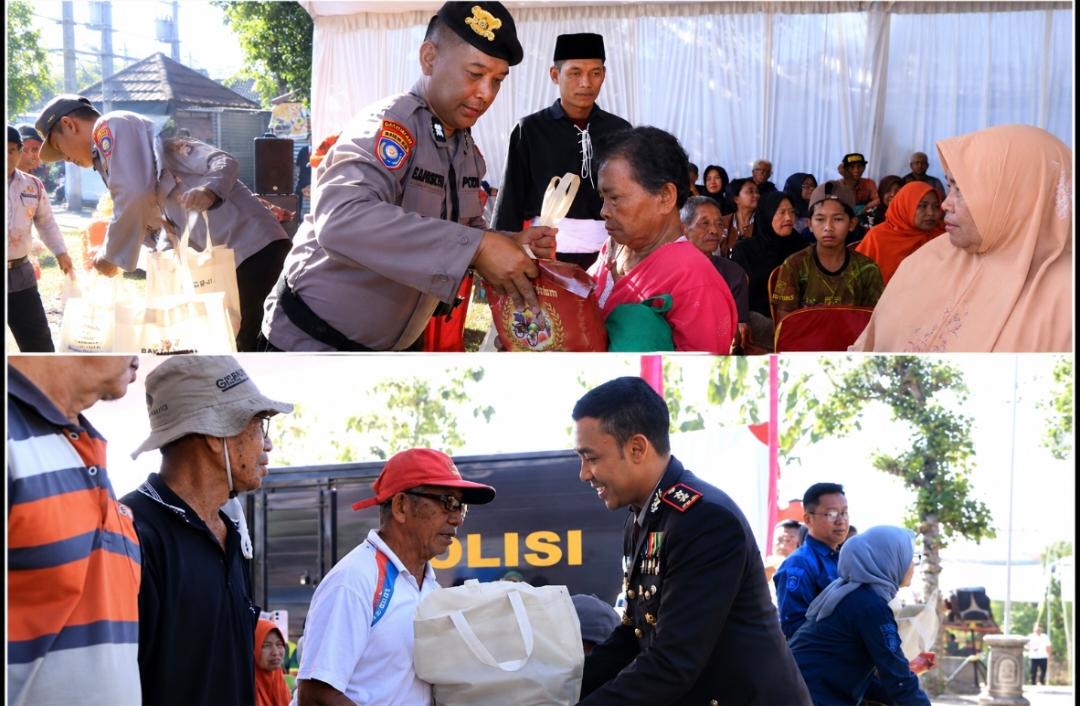 Kapolres Ngawi AKBP Prayoga Angga Widyatama menyalurkan 500 paket sembako kepada masyarakat Kecamatan Bringin dalam rangka Hari Bhayangkara ke-80.