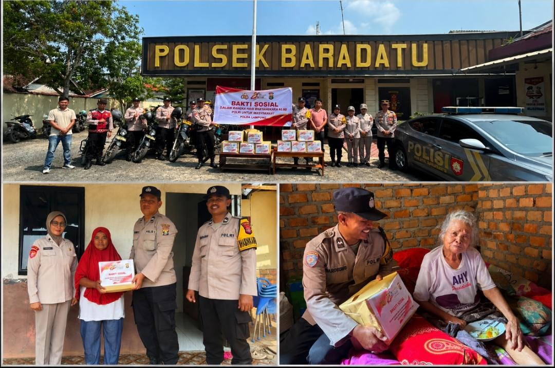 Kapolsek Baradatu menyerahkan bantuan sosial kepada warga dalam rangka Hari Bhayangkara ke-80.