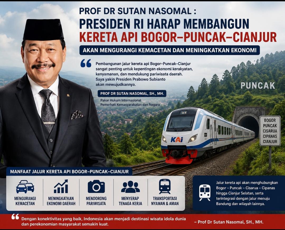 Prof Sutan Nasomal menyampaikan usulan pembangunan jalur Kereta Api Bogor–Puncak–Cianjur untuk mendukung ekonomi dan mengurangi kemacetan.