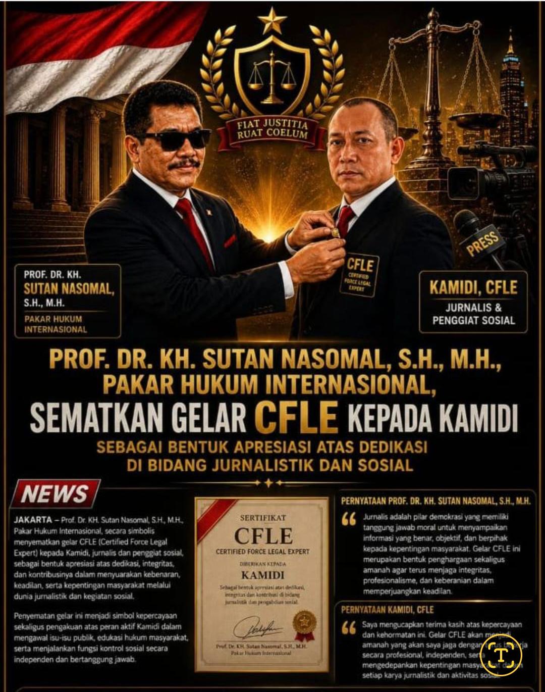 Prof. Dr. KH. Sutan Nasomal, S.H., M.H. secara simbolis menyematkan gelar CFLE kepada jurnalis dan penggiat sosial Kamidi di Jakarta.