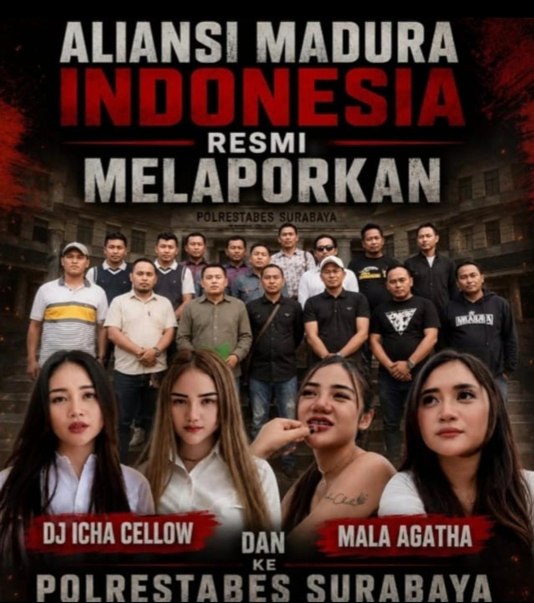 Ketua Umum DPP Aliansi Madura Indonesia Baihaki Akbar saat menyampaikan laporan terhadap DJ Icha Chellow dan Mala Agatha di Polrestabes Surabaya.