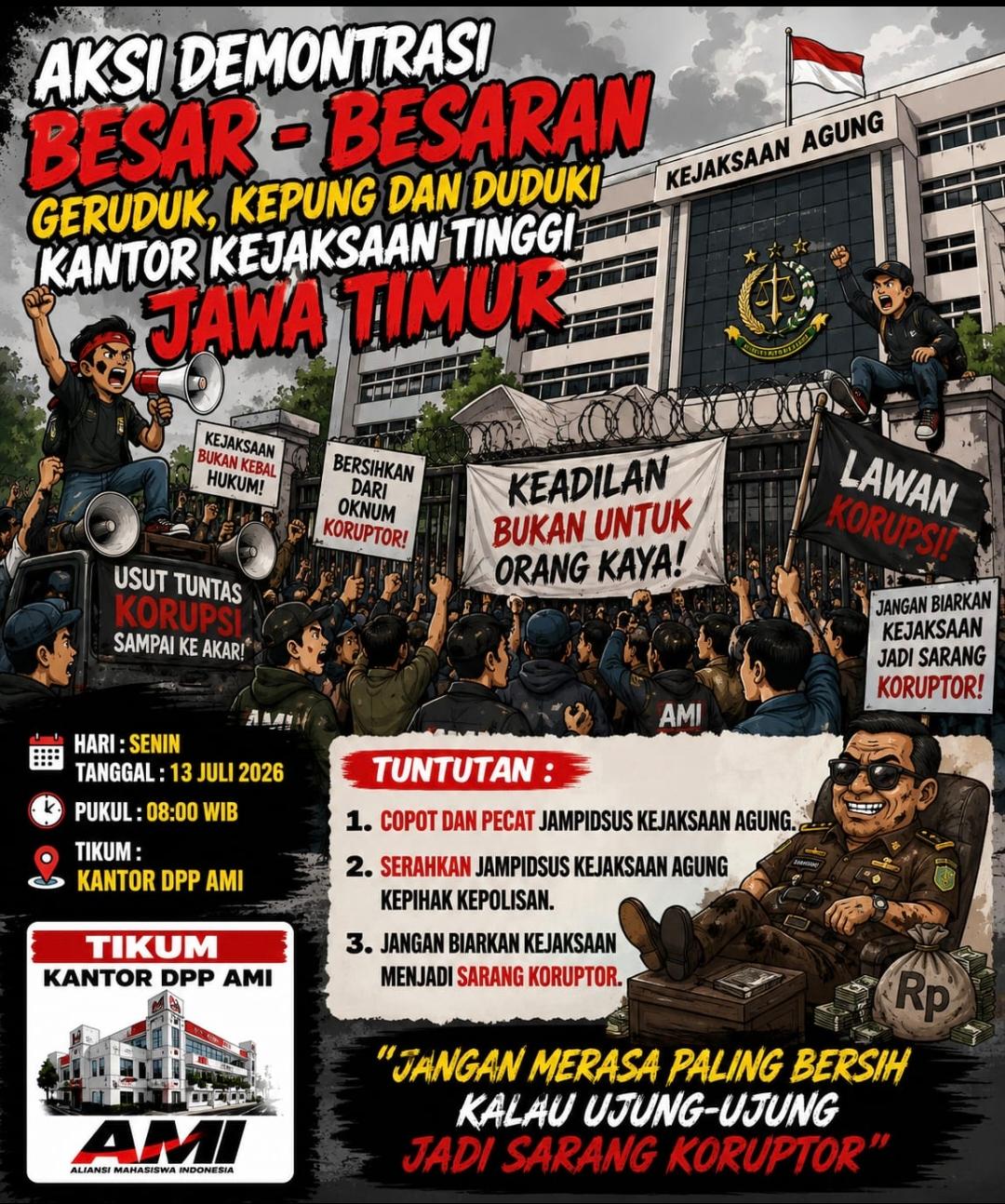 Ketua Umum DPP Aliansi Madura Indonesia Baihaki Akbar menyampaikan rencana aksi di Kejati Jawa Timur.