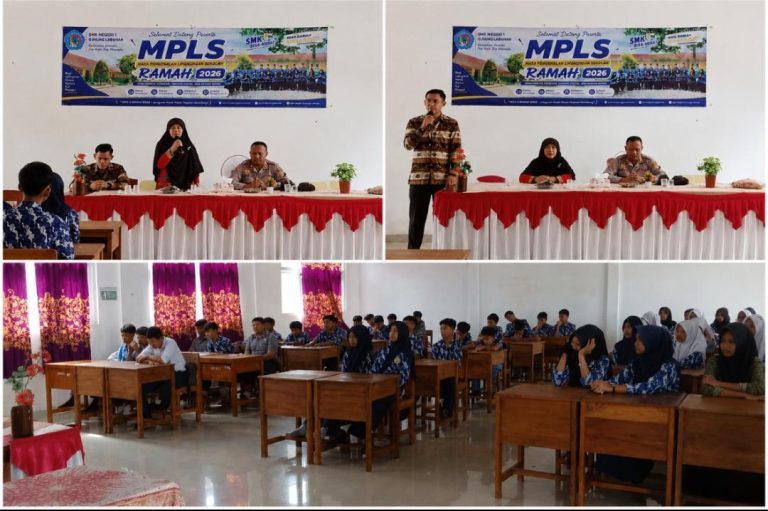 Kapolsek Gunung Labuhan memberikan penyuluhan ZAPA dan bahaya judi online kepada peserta MPLS RAMAH 2026 di SMKN 1 Gunung Labuhan.