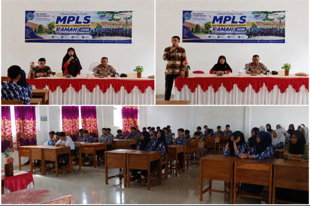 Kapolsek Gunung Labuhan memberikan penyuluhan ZAPA dan bahaya judi online kepada peserta MPLS RAMAH 2026 di SMKN 1 Gunung Labuhan.