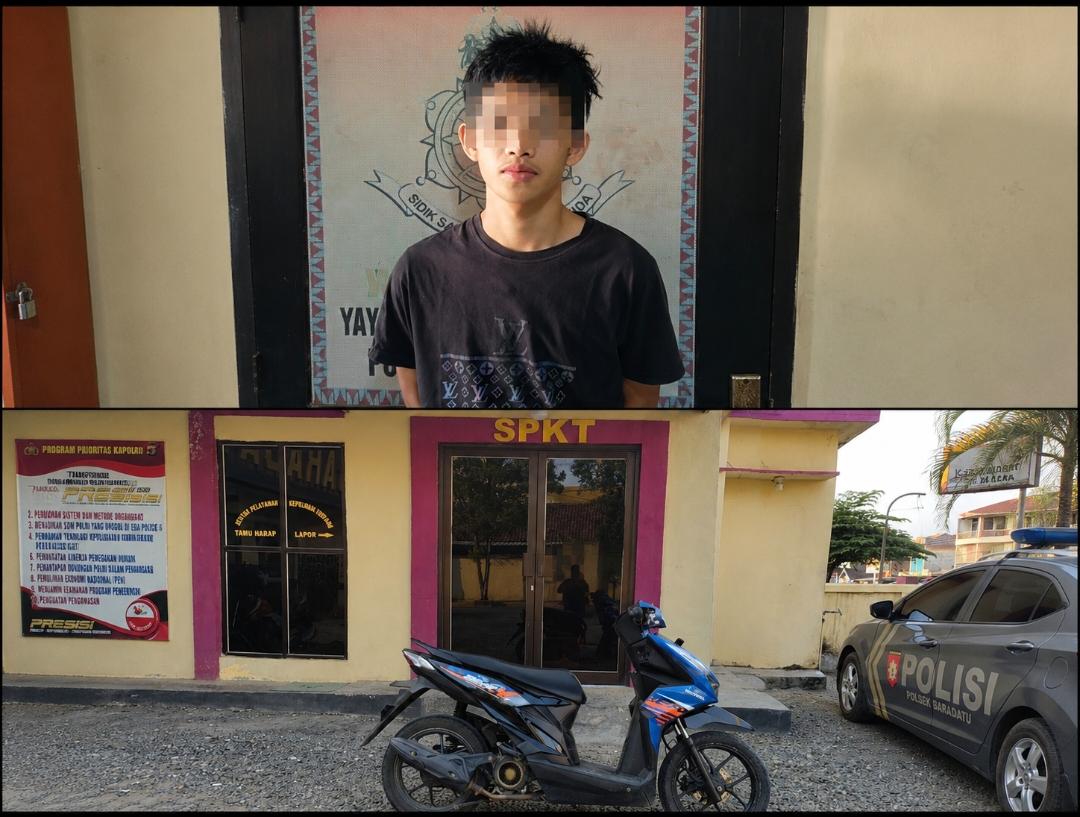 Kapolsek Baradatu bersama personel menunjukkan tersangka kasus dugaan pencurian sepeda motor yang berhasil diamankan di Kabupaten Way Kanan.