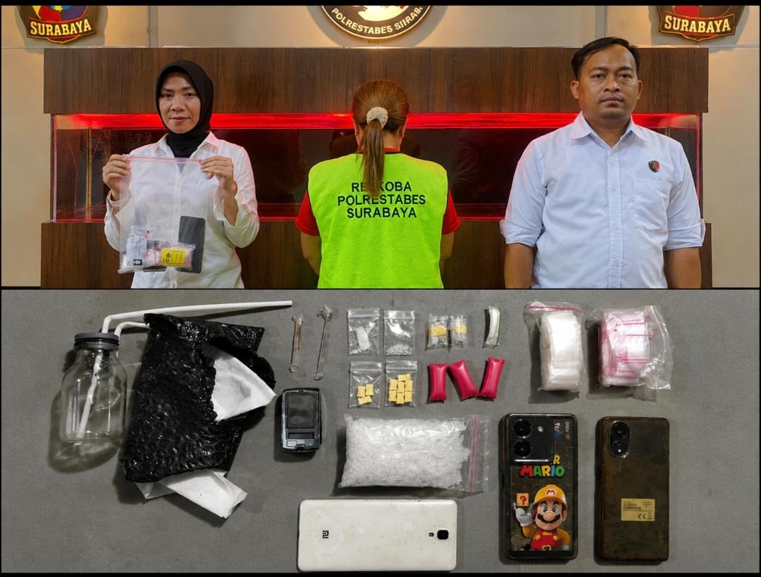 Kasatresnarkoba Polrestabes Surabaya menunjukkan barang bukti sabu dan ekstasi hasil pengungkapan kasus peredaran narkotika yang melibatkan residivis asal Banyu Urip.