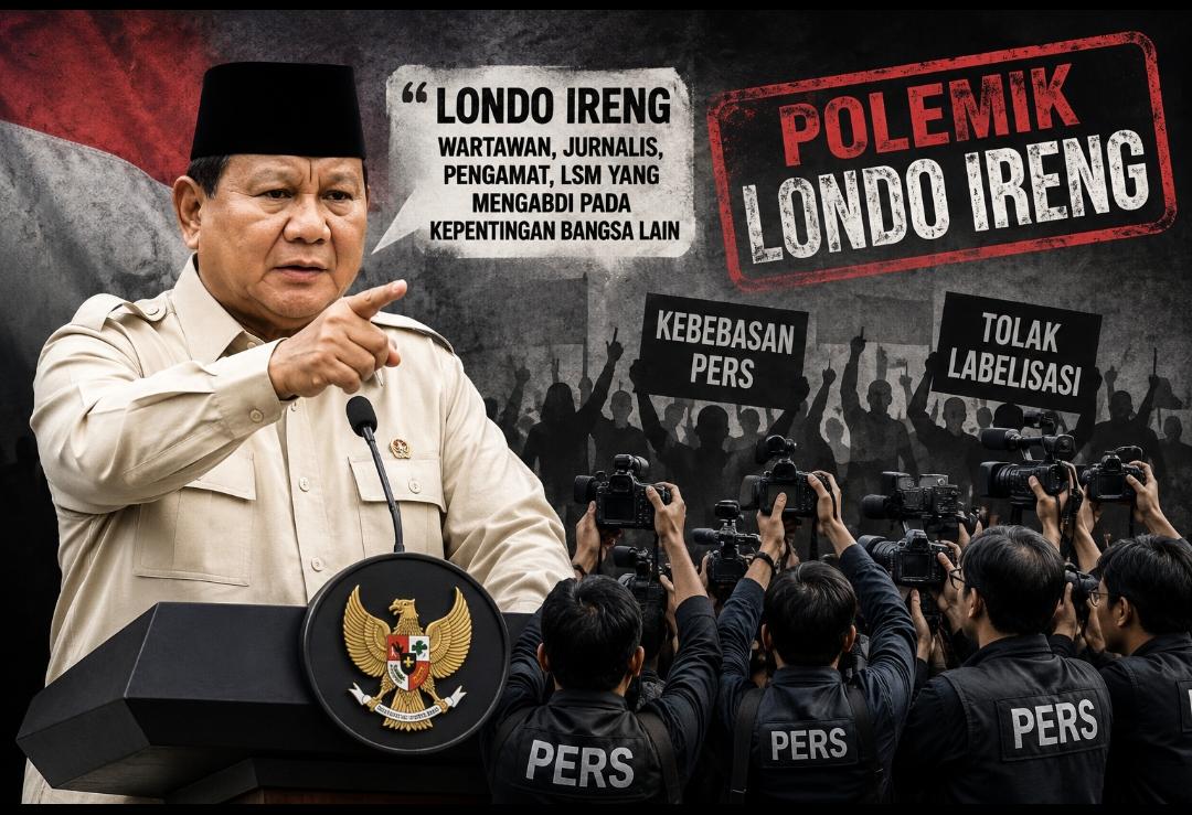 Ilustrasi polemik pernyataan "Londo Ireng" yang menampilkan Presiden Prabowo Subianto saat berpidato dan sorotan terhadap kebebasan pers di Indonesia.