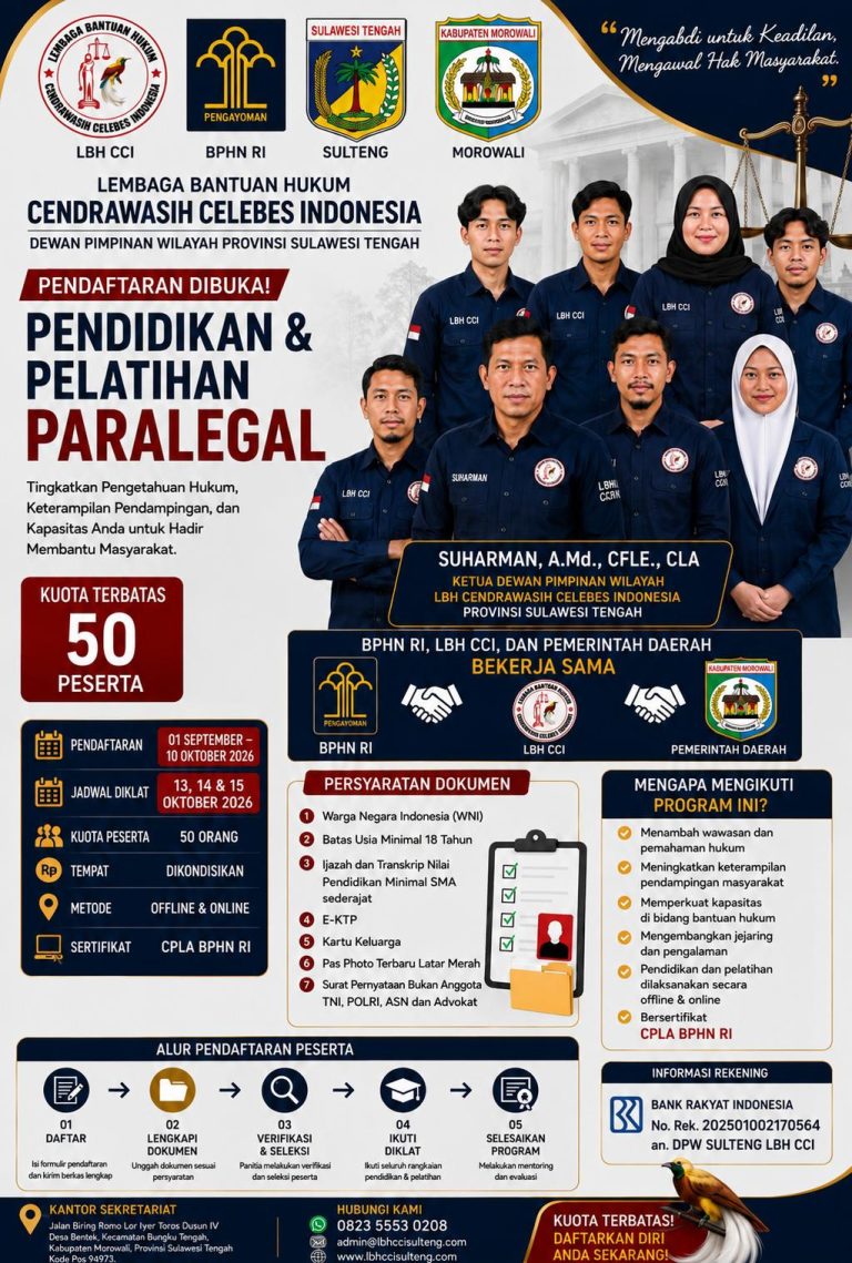 Poster Pendidikan dan Pelatihan Paralegal LBH CCI DPW Sulawesi Tengah