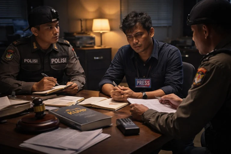 Ilustrasi proses klarifikasi dugaan OTT wartawan di Mojokerto dalam perspektif hukum, etika jurnalistik, dan kebebasan pers