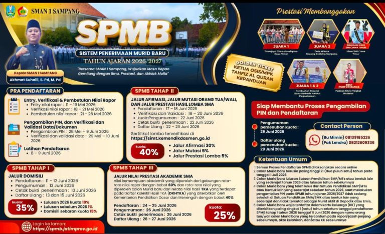 Poster resmi SPMB SMA Negeri 1 Sampang Tahun Ajaran 2026/2027 yang memuat jadwal pendaftaran, kuota jalur seleksi, dan program Golden Ticket