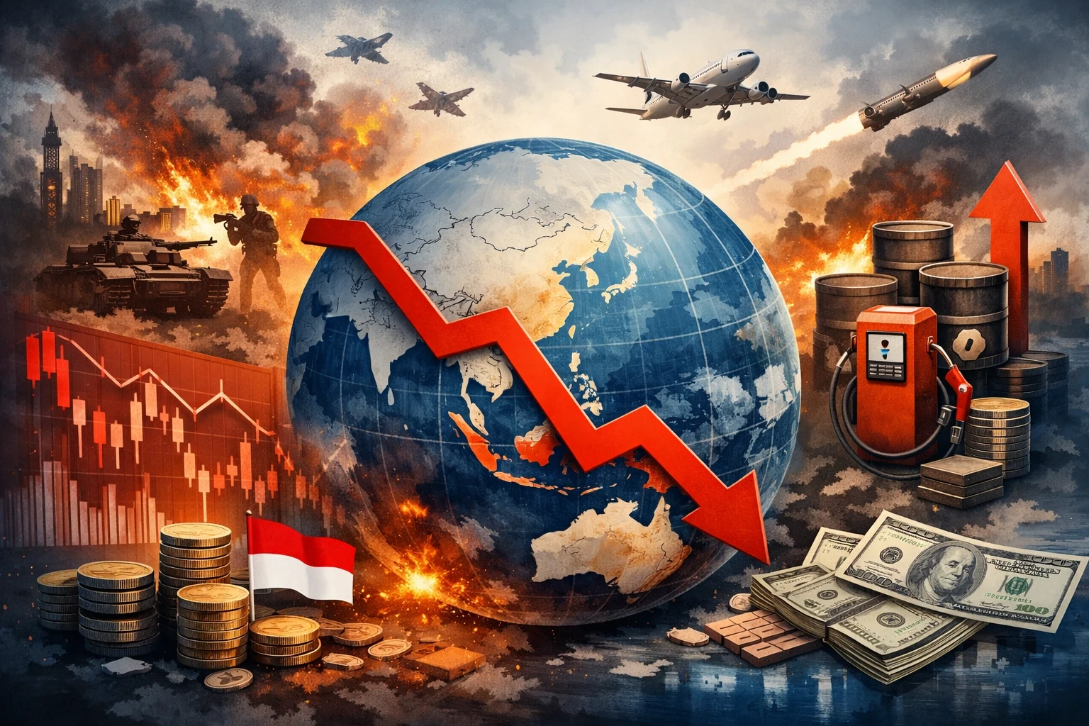 Ilustrasi dampak konflik geopolitik global terhadap stabilitas ekonomi dunia dan perdagangan internasional.