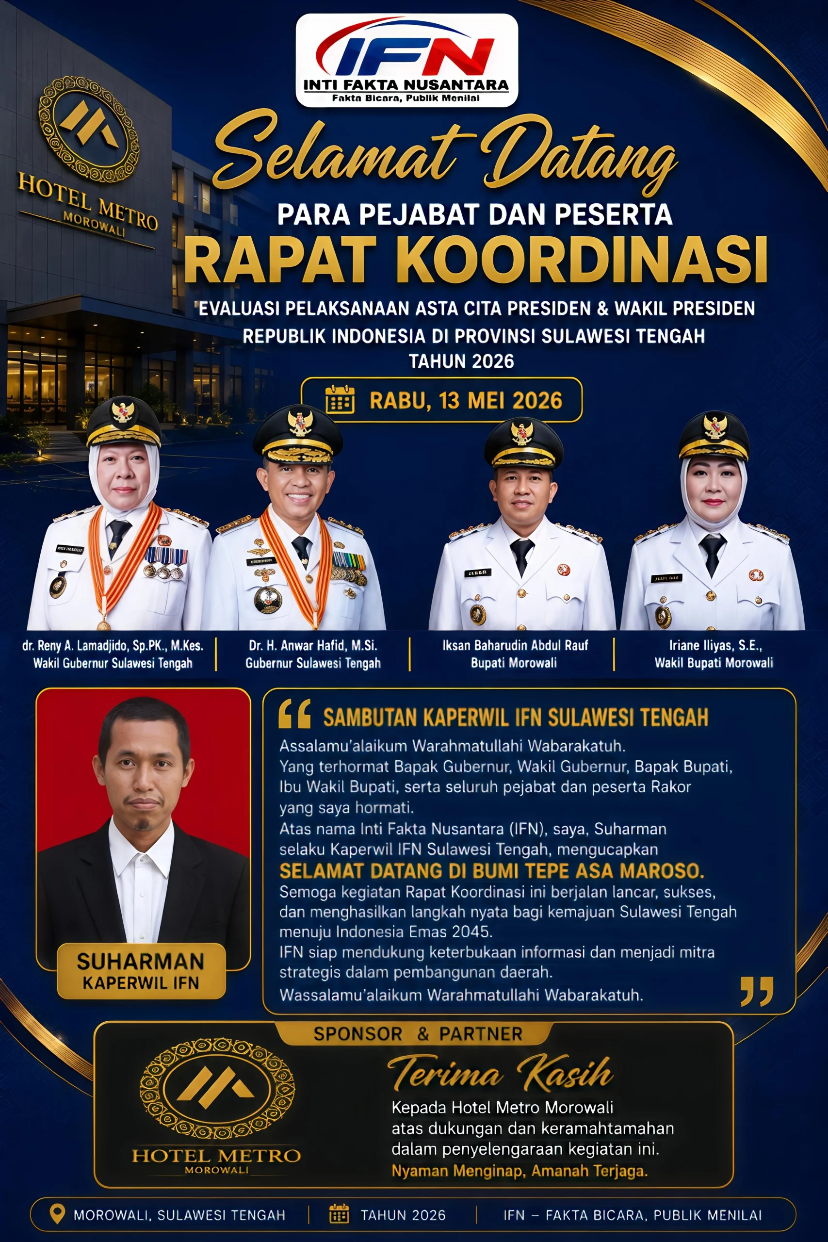 Kaperwil IFN Sulawesi Tengah Suharman dalam poster penyambutan peserta Rakor Evaluasi Asta Cita 2026 di Morowali